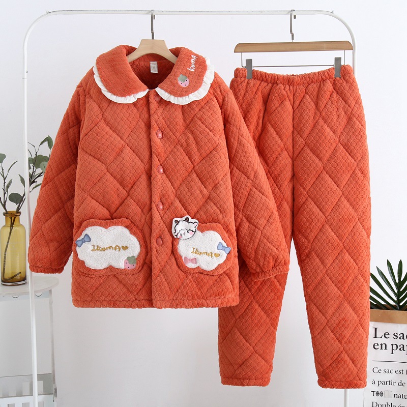 パジャマ女性冬のサンゴのベルベットの三層の厚いベルベット保温綿フランネル春秋冬の家庭服
