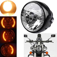 摩托车通用改装复古7寸大灯前照灯黑色远近灯光头灯总成LED转向灯