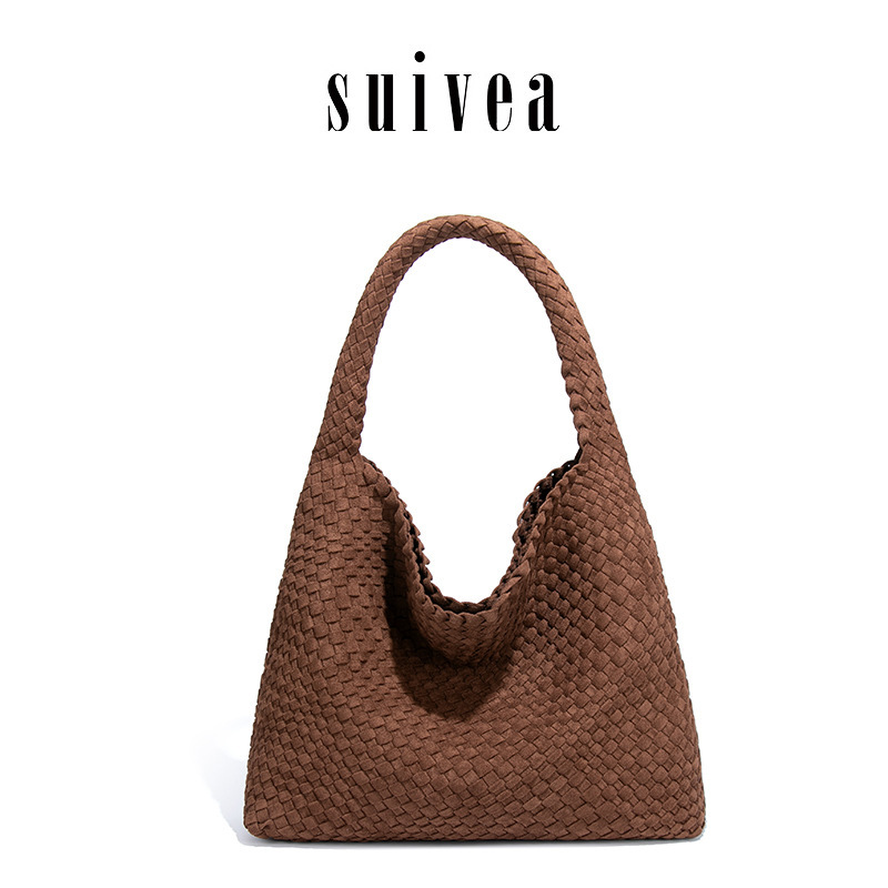 Retro Autumn and Winter Brown Suede Woven Tote Bag, Large Capacity, Lazy Style Mother-Daughter Bag, Commuting Underarm Large Shoulder Bag