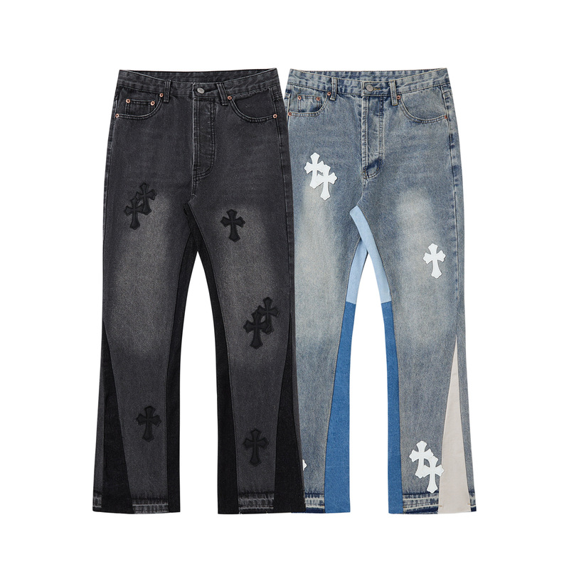 Cross-Border E-Commerce Cleanfit Style American Cross Leather Stitching Micro-Flared Original Washed Jeans
