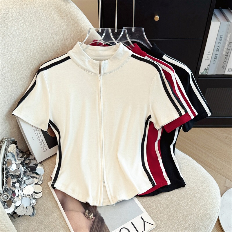 Real Shot of the New Style Stand Collar Short-Sleeve T-Shirt for Women, Slim Fit, Fashionable, Sporty, Versatile, Double Zipper Top, White Real Shot of the New Style Stand Collar Short-Sleeve T-Shirt for Women, Slim Fit, Fashionable, Sporty, Versatile, Double Zipper Top, White