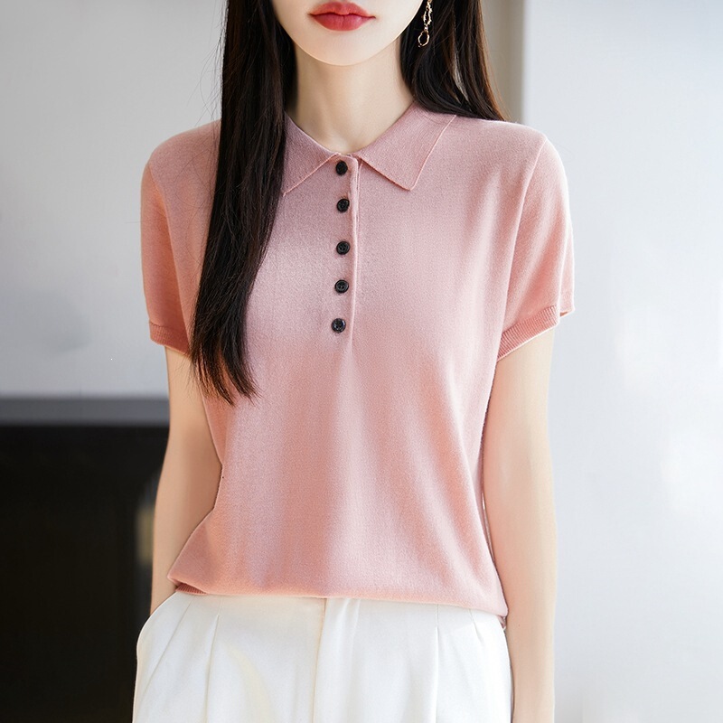 Spring and Summer New Style Mulberry Silk Wool Half-Open Polo Collar Knitted Short-Sleeved Classic Solid Color Button Design Pullover T-Shirt