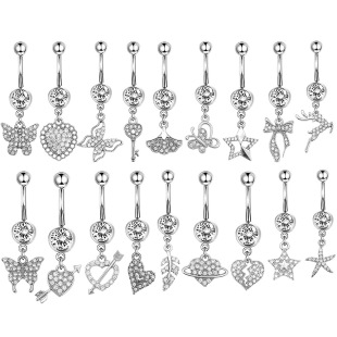 Stainless Steel Long Navel Nail Butterfly Heart-Shaped Five-Pointed Star Pendant Navel Ring European and American Navel Button Piercing Jewelry