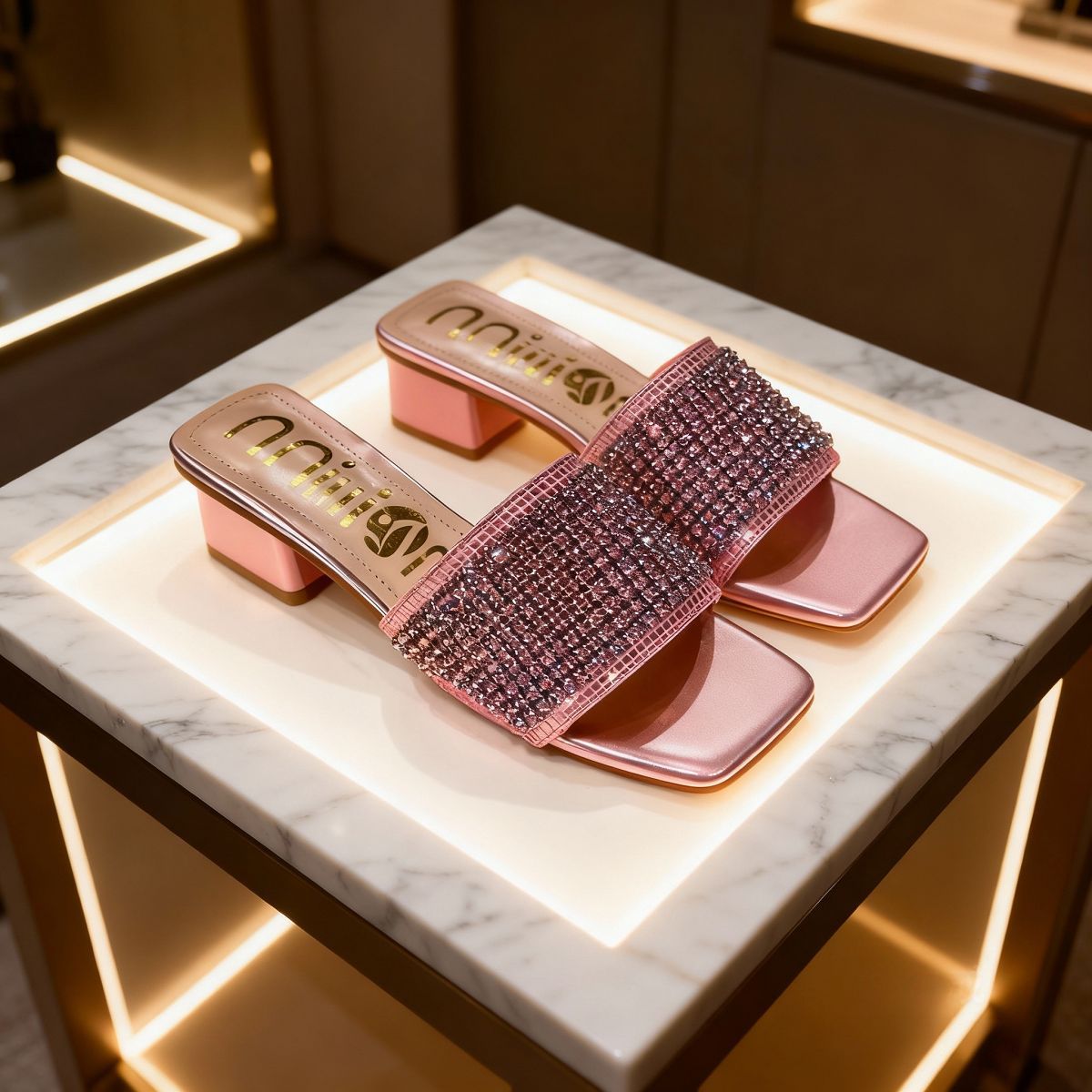 Zapatillas de tacón grueso de verano para mujer, sin cordones, para uso exterior, con pedrería, estilo moderno, suministro exclusivo transfronterizo de fábrica.