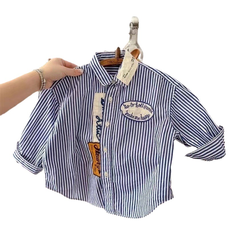 Camisa para niños 2024 otoño nuevos niños y niñas estilo coreano algodón a rayas camisa casual Camisa de manga larga de solapa de bebé