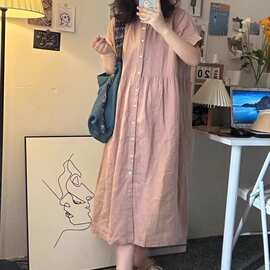 日系文艺粉色亚麻衬衫裙女夏慵懒风休闲大码单排扣棉麻短袖连衣裙