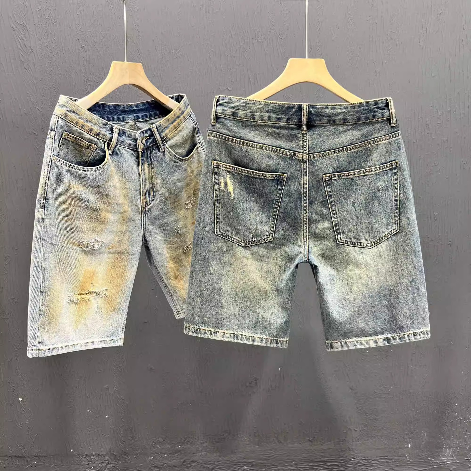 Men's Lightweight Distressed Denim Shorts Trendy High End Printed Patchwork Mid-Length Stretch Five-Point Pants Summer_mkmklike.com