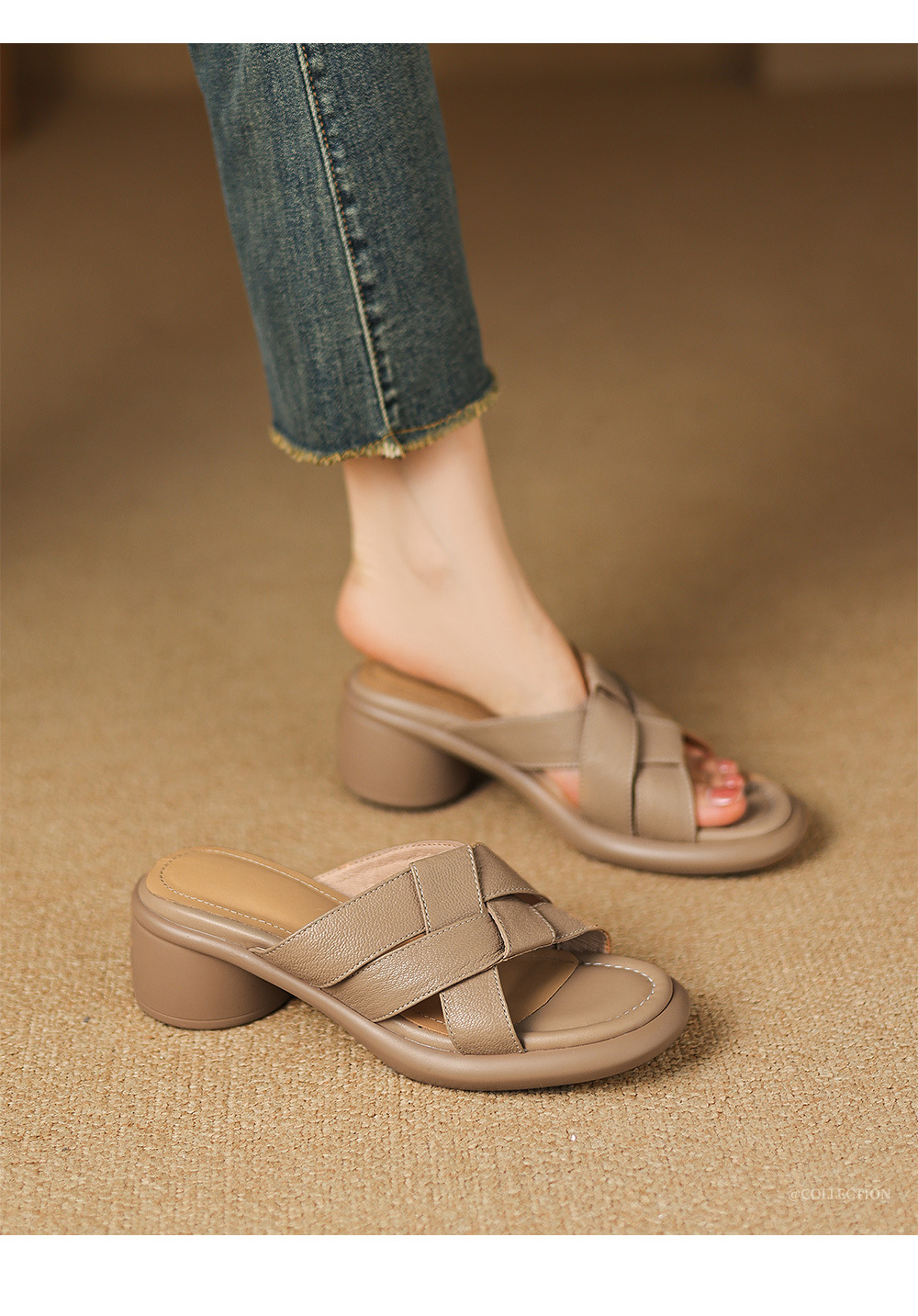 Sandal nữ hở mũi dệt da dê gót cao 7 cm — màu trắng ngà chi tiết 1