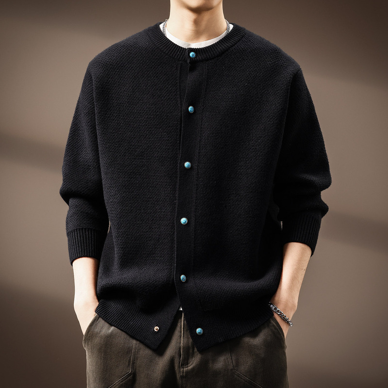 High-End Custom-Woven Blue Turquoise Cardigan Sweater for Men in Autumn and Winter Thick French Retro Blended Knitted Heavy Jacket