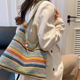 2025跨境今年流行彩虹百搭春季新款编织包大容量单肩包托特包包女
