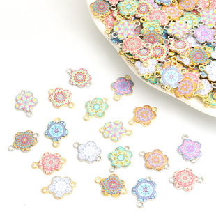 Cross-border New Product DIY Double-hole Flower-shaped Mandala Flower Dripping Oil Alloy Printing Connector Jewelry Accessories Necklace Batch