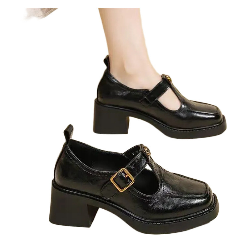 2026 nuevo estilo francés de tacones de mujer cuadrados huecos suela gruesa Mary Jane primavera y verano zapatos británicos tacones altos aumentados negros