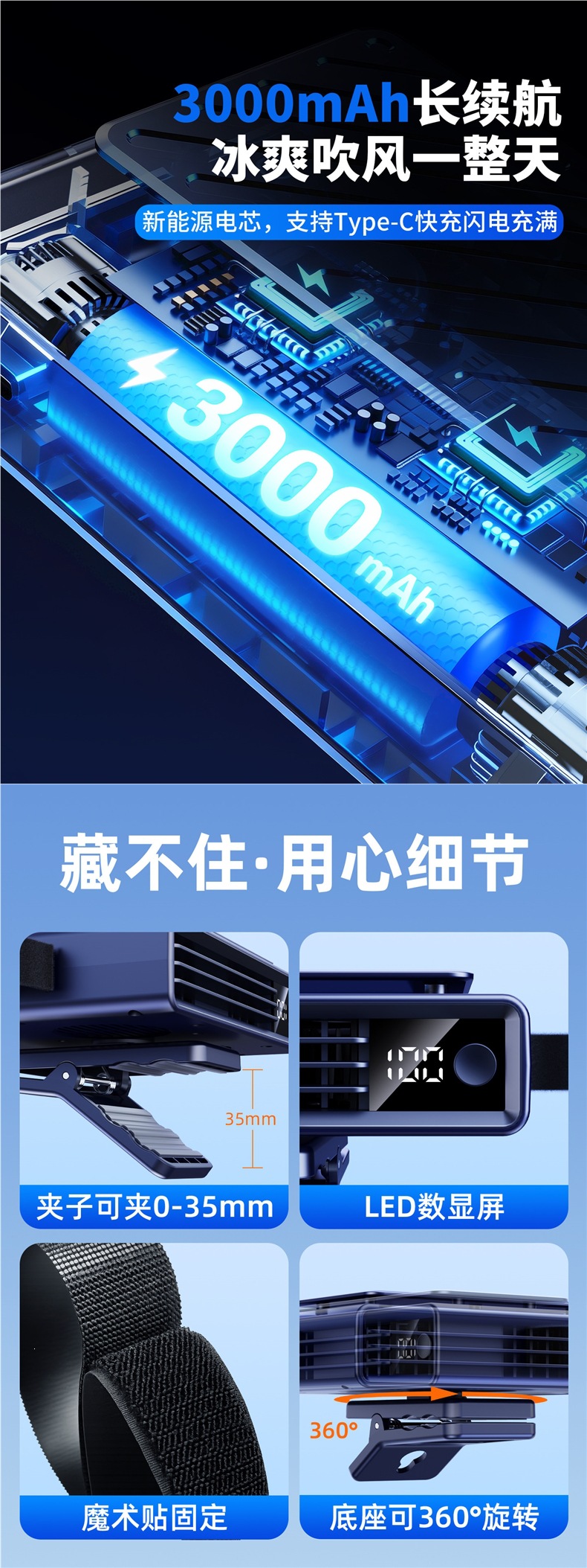 Rechargeable Car-Mounted Cooling Mini Air Conditioner USB Powerful Fan 12V 24V Special Device for Car Interior with Ultra-Long Battery Life
