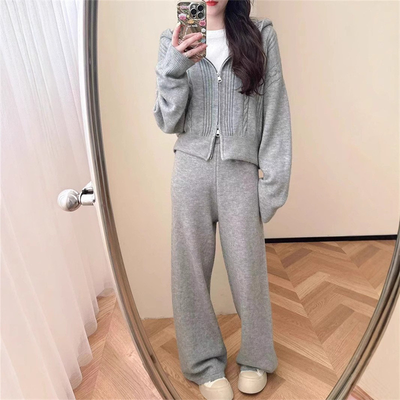 秋冬款时尚新品休闲连帽针织拉链开衫毛衣阔腿裤套装女宽松慵懒风|undefined