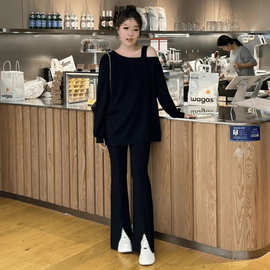 大码慵懒风宽松露肩卫衣女秋冬季新款胖显瘦遮肚休闲上衣斤
