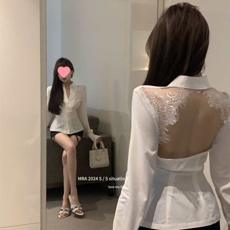 Pure Desire Beautiful Back Lace Collar Long Sleeve Shirt Women's Spring Slim White Shirt Design Niche Top Pure Desire Beautiful Back Lace Collar Long Sleeve Shirt Women's Spring Slim White Shirt Design Niche Top