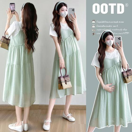 Maternity Summer dress Fake Two-piece 2025 New Design Sense Loose Slimming Small Fresh Sling dress