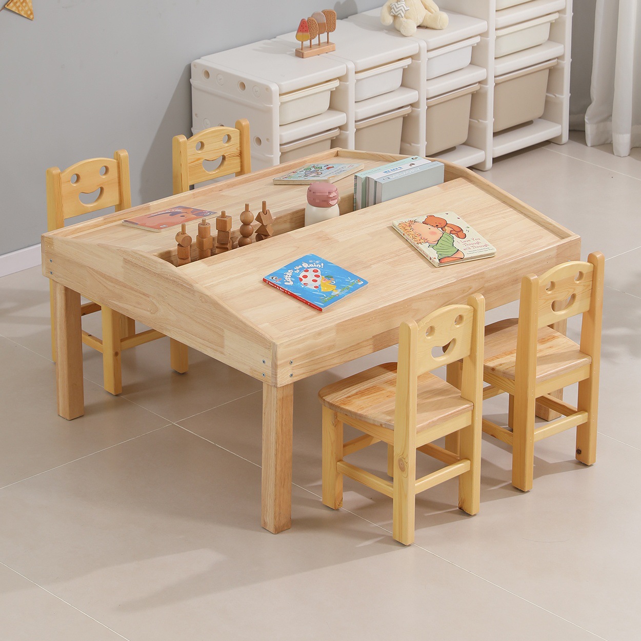 Kindergarten Solid Wood Liftable Reading Table and Chairs Children's Library Reading Room Learning Painting Table Art Table and Chairs