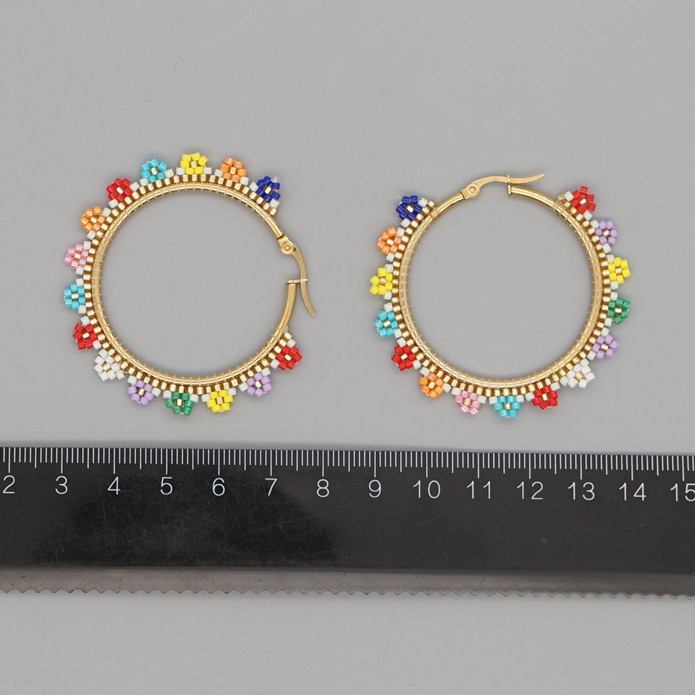 Miyuki Rice Beads Hand-woven Colorful Daisy Beaded Stainless Steel Large Circle Exaggerated Earrings display picture 1