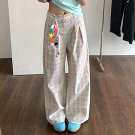 (带辅料)夏季新款格子拼接休闲裤百搭美式复古休闲裤长裤潮流