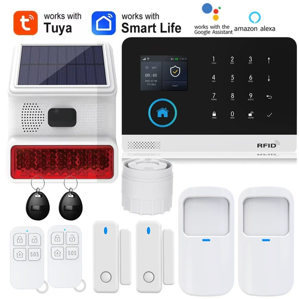 2 infrared + 2 door sensors + 2 remote control + 1 solar siren