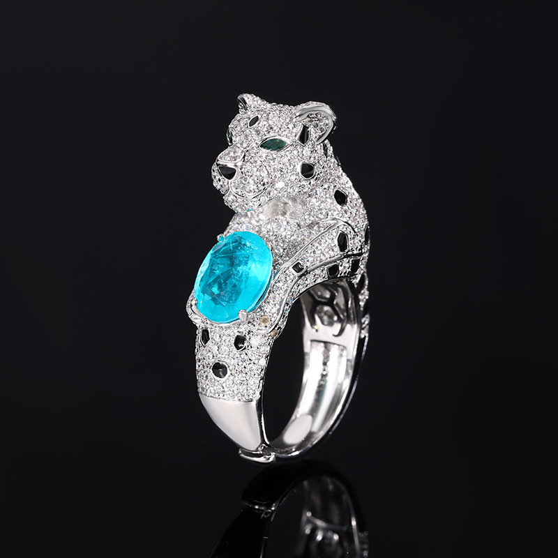 2024 Nueva joyería Zhuang Shengsheng, fondo de cobre, simulación chapado en oro, tesoro de color, diamante completo, anillo de temperamento de leopardo, maestro 6*8