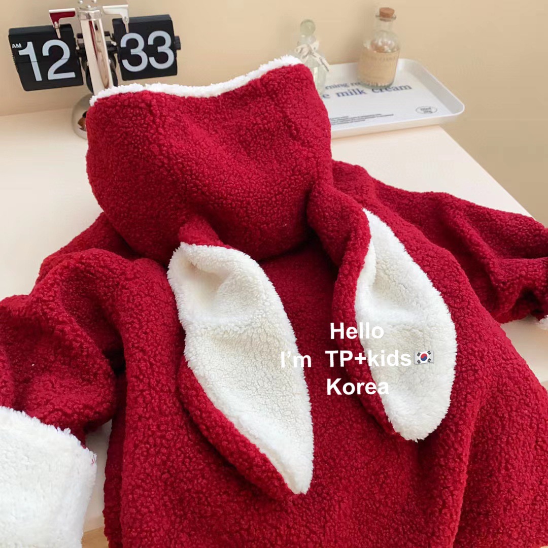 Estrella DE LOS NIÑOS ronda estilo coreano ropa la muchacha boda del bebé rojo Año Nuevo encapuchado orejas conejo rojo abrigo felpa