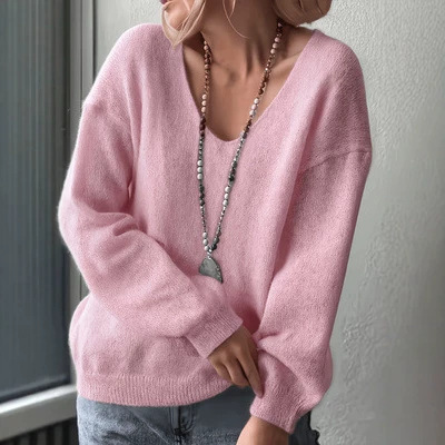 Trendy Versatile Sweater for Women, Autumn and Winter V-Neck Loose Soft Lazy Style Solid Color Long-Sleeve Knit Pullover with a High-End Feel Trendy Versatile Sweater for Women, Autumn and Winter V-Neck Loose Soft Lazy Style Solid Color Long-Sleeve Knit Pullover with a High-End Feel