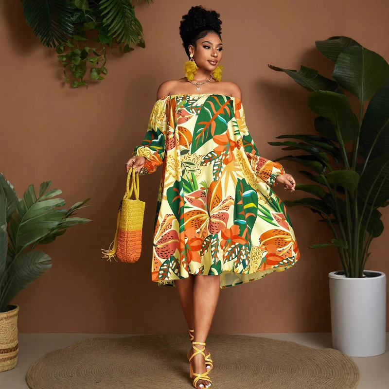 Cross-Border Women's Fashion One-Shoulder Tropical Floral Print Loose Dress