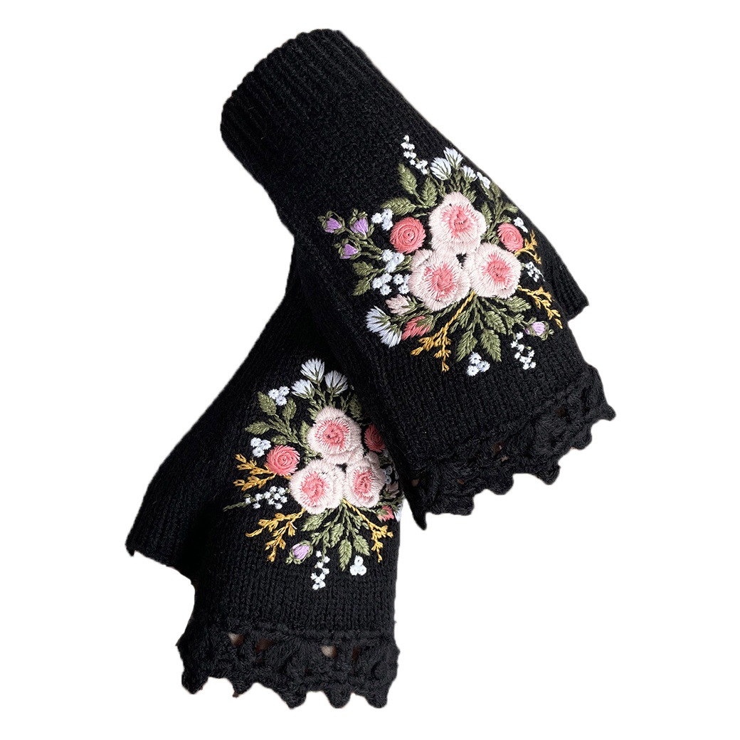 Transfronterizo Amazon estación independiente nueva mujer otoño e invierno cálido hecho a mano de ganchillo bordado floral medio dedo guantes de punto