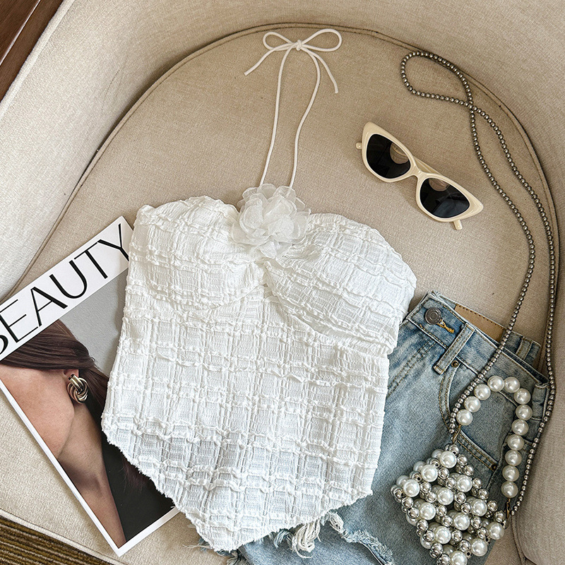 Chaleco de eslinga irregular de cuello colgante hueco de dopamina flor blusa de tubo dulce y picante contacto con ropa interior con almohadilla para el pecho