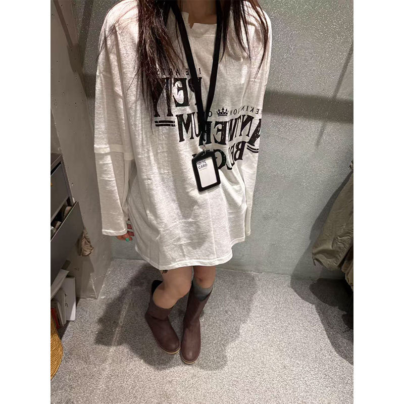 Korean-style boyfriend-style letter-printed casual mid-length T-shirt, round-neck T-shirt that is slimming and covers the hips, long-sleeved top