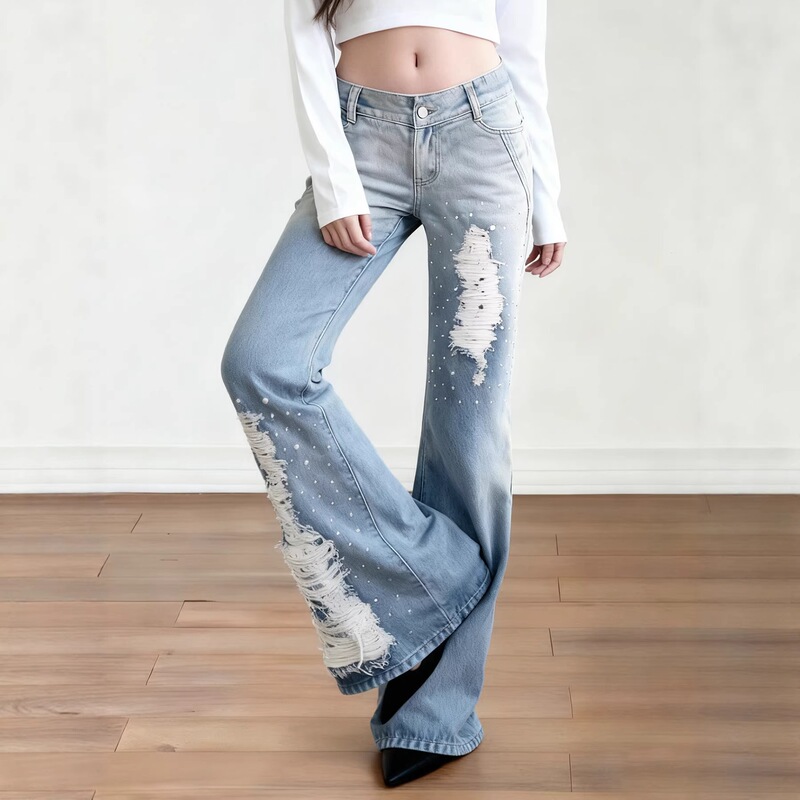 Low Price Clearance Sale # American-Style V-Shaped Waistband, Rhinestone-Studded Lace Patchwork, Ripped Gradient Color Slim-Fit Flared Jeans.