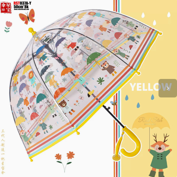 Sombrilla Transparente Infantil de Mango Largo 2-7 Años Semiautomático, Ligero para Jardín de Infantes