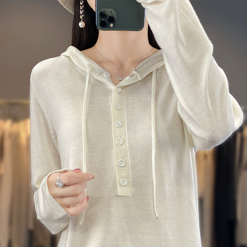 Spring New Hooded Knitwear Women's Half Open Collar Buckle Loose Hoodie Sweater Long Sleeve Warm Base Shirt
