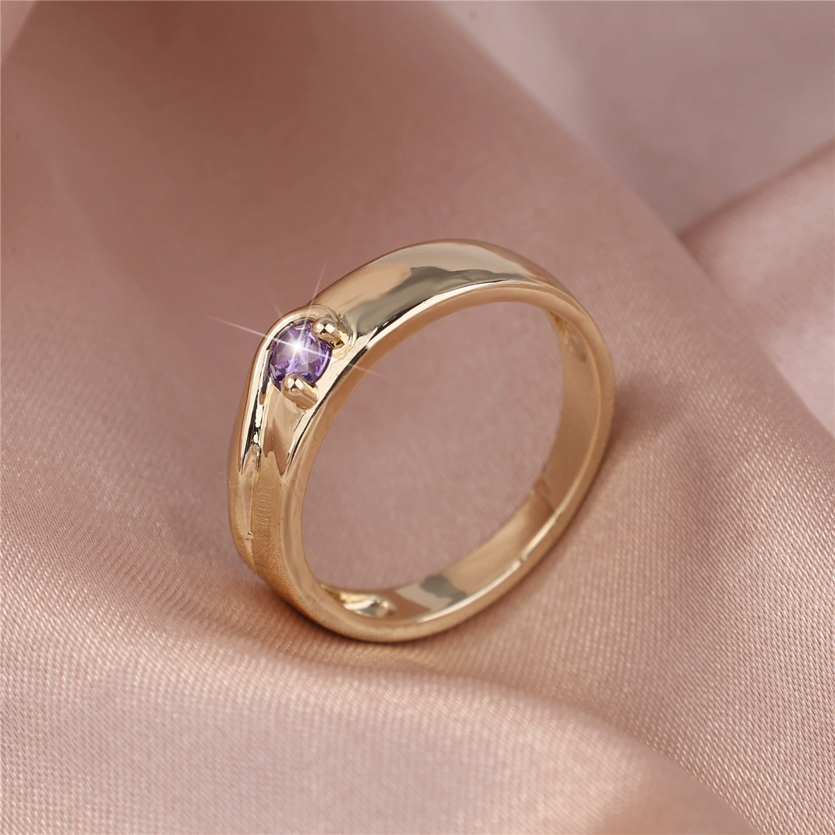 Медное покрытие 14K золотое сложенное кольцо аметист циркон простой европейский и американский роскошный стиль обручальное кольцо