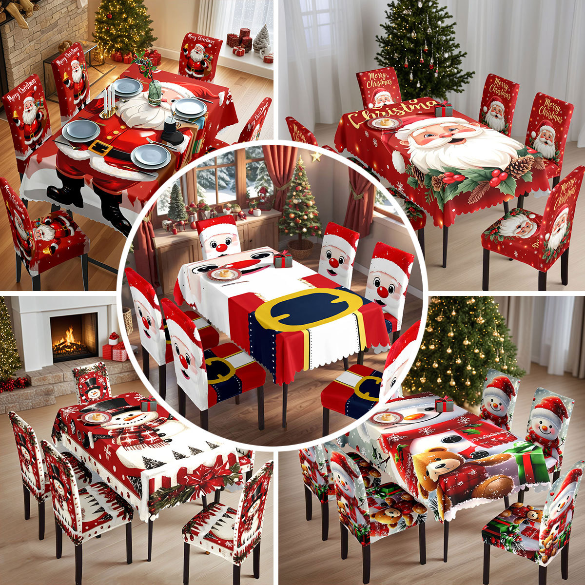 Cross-Border Christmas Waterproof Printed Tablecloth Restaurant Home Printed Chair Cover Christmas Tablecloth Chair Cover Decoration Set