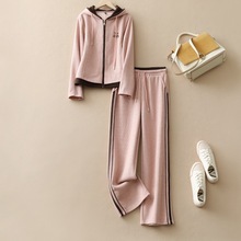休闲运动套装2025年春秋新款女连帽短外套直筒裤两件套粉色运动服