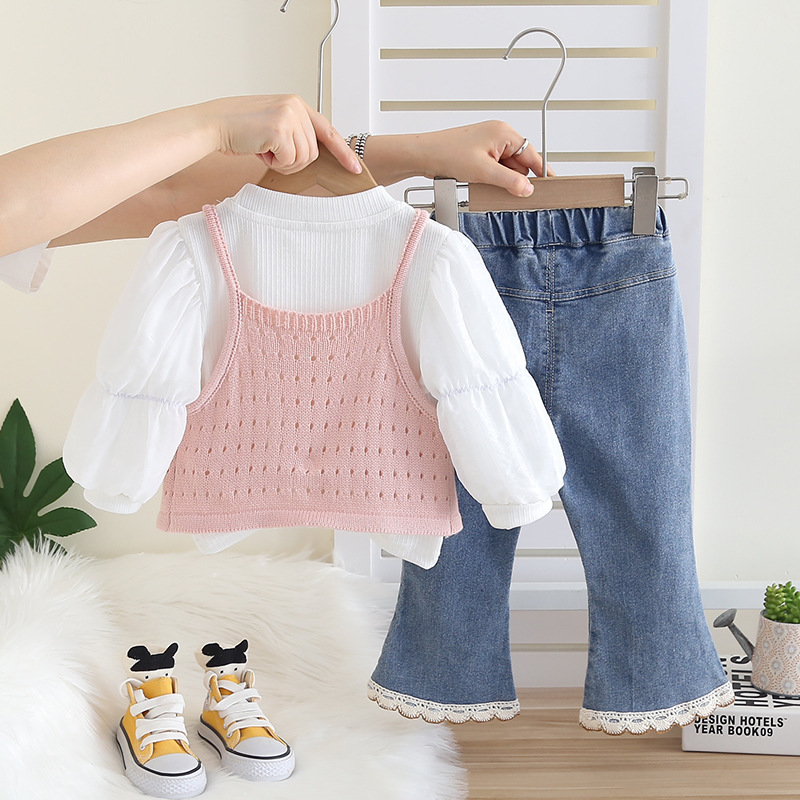 Set di tre pezzi con gilet e maglione per bambine 2025, nuovo abbigliamento per bambini alla moda per la primavera e l'autunno._voghion.com