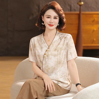 中年妈妈夏装新款套装妈妈短袖T恤洋气薄款两件套中老年夏季衬衫