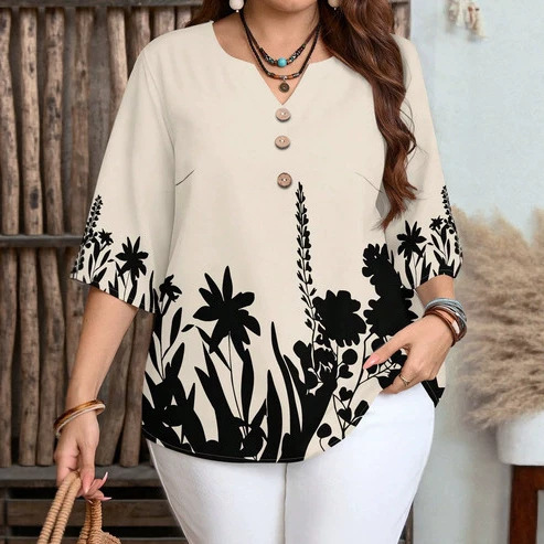Cross-Border Hot-Selling Amazon European and American Fashion V-Neck Striped Print Casual Three-Quarter Sleeve Top Plus-Size Women's Shirt