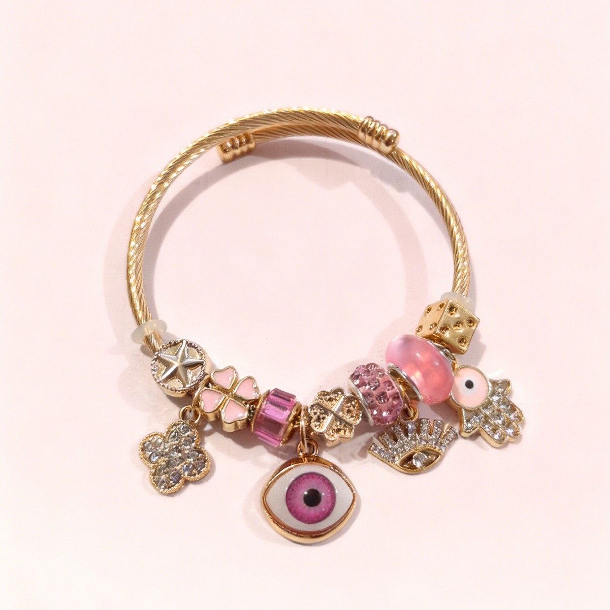 Brote transfronteriza Pan familia pulsera de acero inoxidable diamante rosa ojo del diablo mano de Dios joyas de color de hierba de cuatro hojas