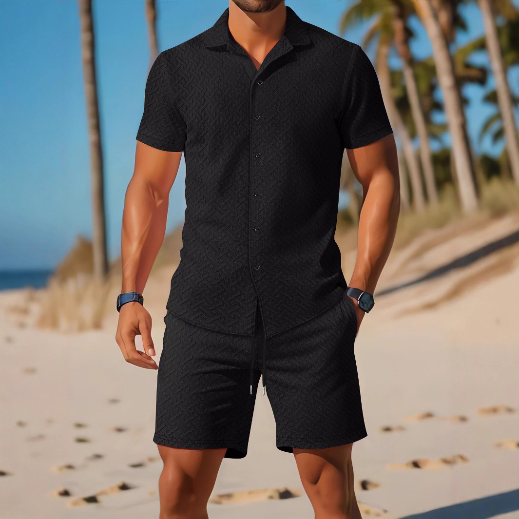 유럽과 미국의 국경 간 뜨거운 판매 새로운 여름 패션 남성 반팔 셔츠 자카드 캐주얼 통기성 비치 반바지 정장