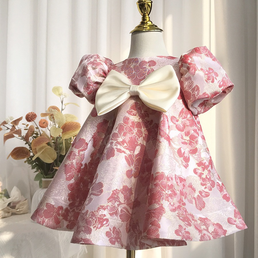 Robe pour le premier anniversaire d'une fille – Robe de princesse en satin imprimé floral avec manches bouffantes et jupe en tulle (80-140 cm, tenue de fête printemps/été)_voghion.com