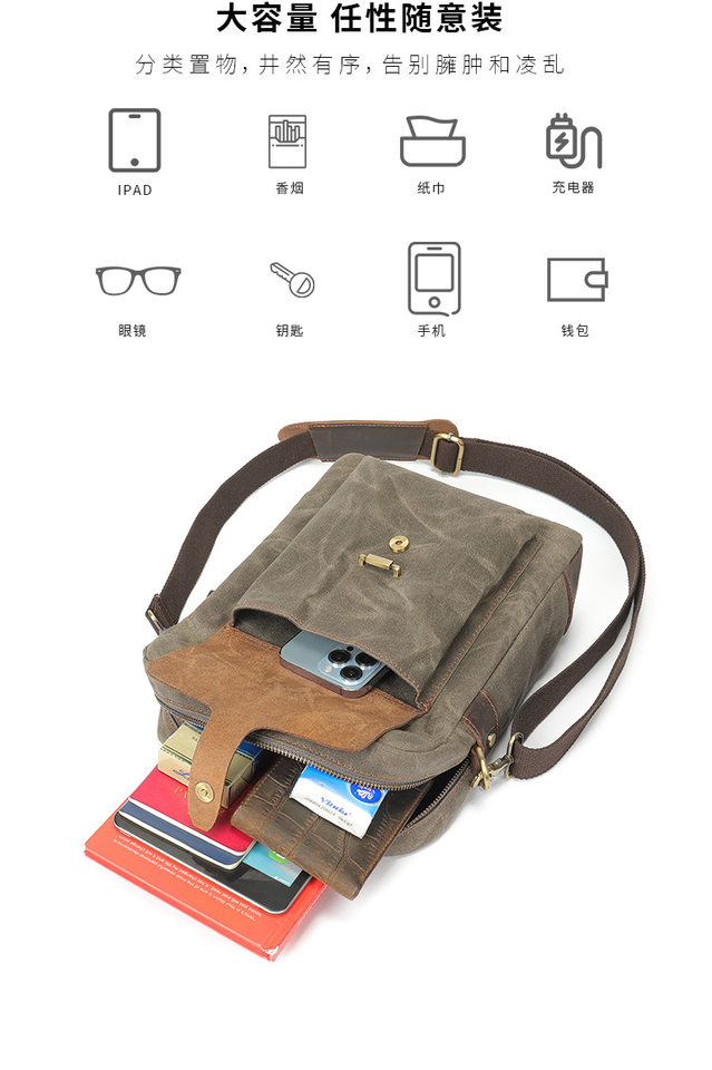 Túi đeo chéo nam da bò phối vải canvas kiểu dọc — Màu vải Kaki đậm, Màu xanh lam nhạt, Màu xanh quân đội, Màu đen chi tiết 19