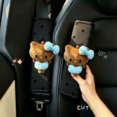 Sürətlər qutusu və əl tormozu başlıqları – cartoon KT cat - light-blue-and-black-leather-with-small-eyelets-black-polka-dots-black-shoulder-pads-2hand-sewn