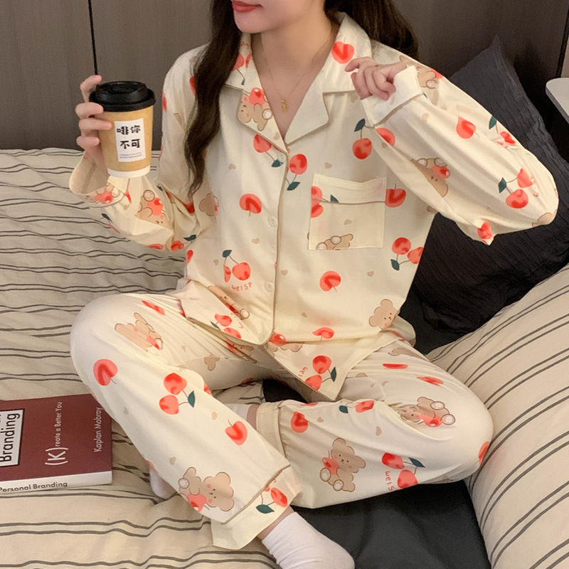 El comercio exterior de primavera y otoño pijamas algodón para las mujeres ins lindo dibujos animados solapa cardigan suelta delgada vestir prendas exteriores homewear