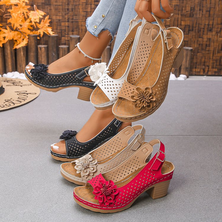 Foreign Trade Large Size Floral High-Heeled Sandals for Women, 2026 Summer New European and American Fashion Style, Chunky Heel with Buckle, Wholesale for Women