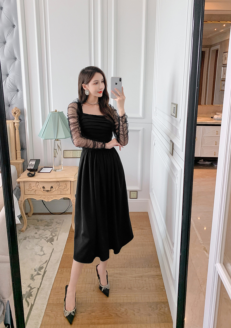 Váy đen ngắn kiểu Hepburn phối lưới tay bồng cổ vuông eo xếp ly — Màu đen chi tiết 12