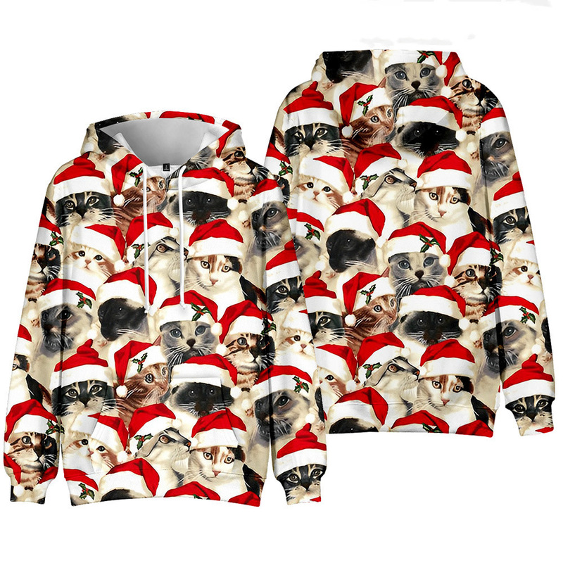 Funny Christmas Cat Santa Claus 3D Printed Men's and Women's Same Style Long Sleeve Hooded Sweatshirts Factory Direct Sales Source